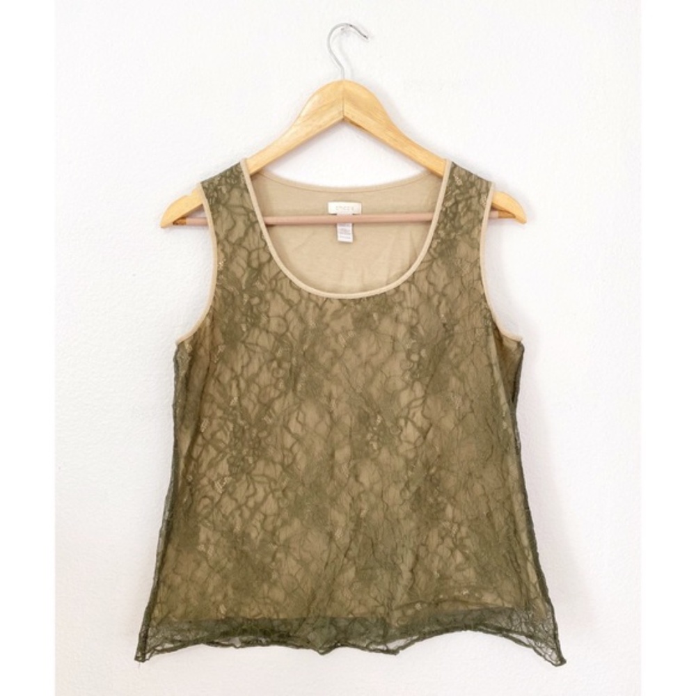 Chico’s Lace Olive Green Scoop Neck Sleeveless Blouse Size 2